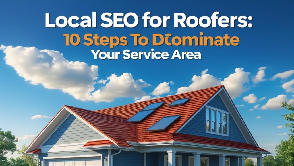 Modern home with red roof under blue sky promoting local SEO for roofers with text overlay: '10 Steps to Dominate Your Service Area